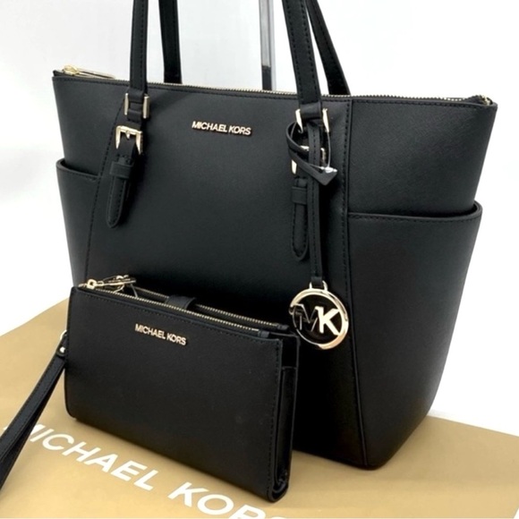 Michael Kors Charlotte Tote & Double Zip Wallet Black/Gold (NWT) - Picture 1 of 10
